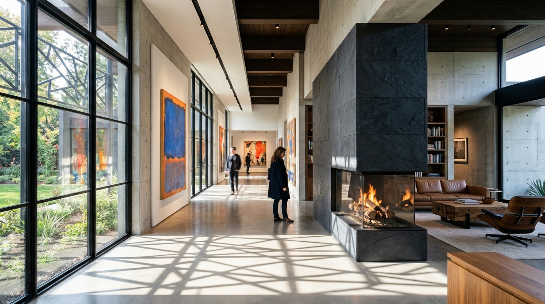 contemporary estate layouts showcasing a 'broken-plan' transition with a double-sided floating fireplace and 48-inch circulation paths. contemporary estate layouts showcasing a 'broken-plan' transition with a double-sided floating fireplace and 48-inch circulation paths.