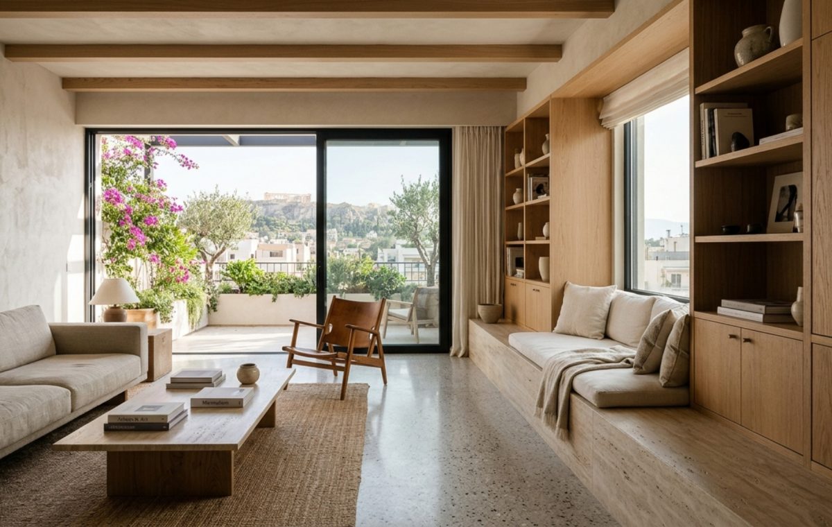 A bright Athenian living room featuring floor-to-ceiling white oak millwork and a built-in stone bench, illustrating ktismastudio next wave decor ideas for small space expansion.