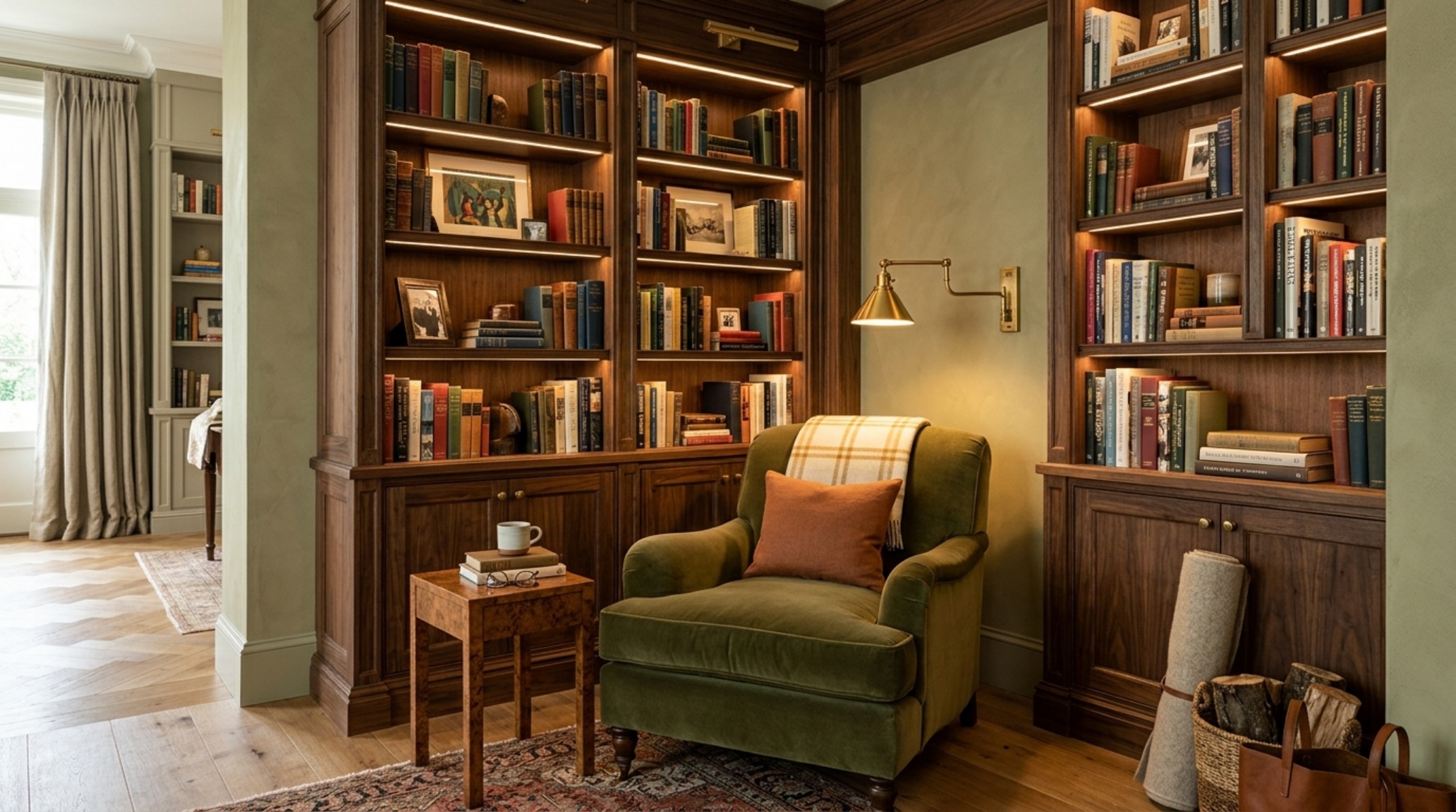 A cozy ktismastudio next wave reading corner with a built-in library wall and a velvet armchair positioned to catch the afternoon Greek sun. A cozy ktismastudio next wave reading corner with a built-in library wall and a velvet armchair positioned to catch the afternoon Greek sun.