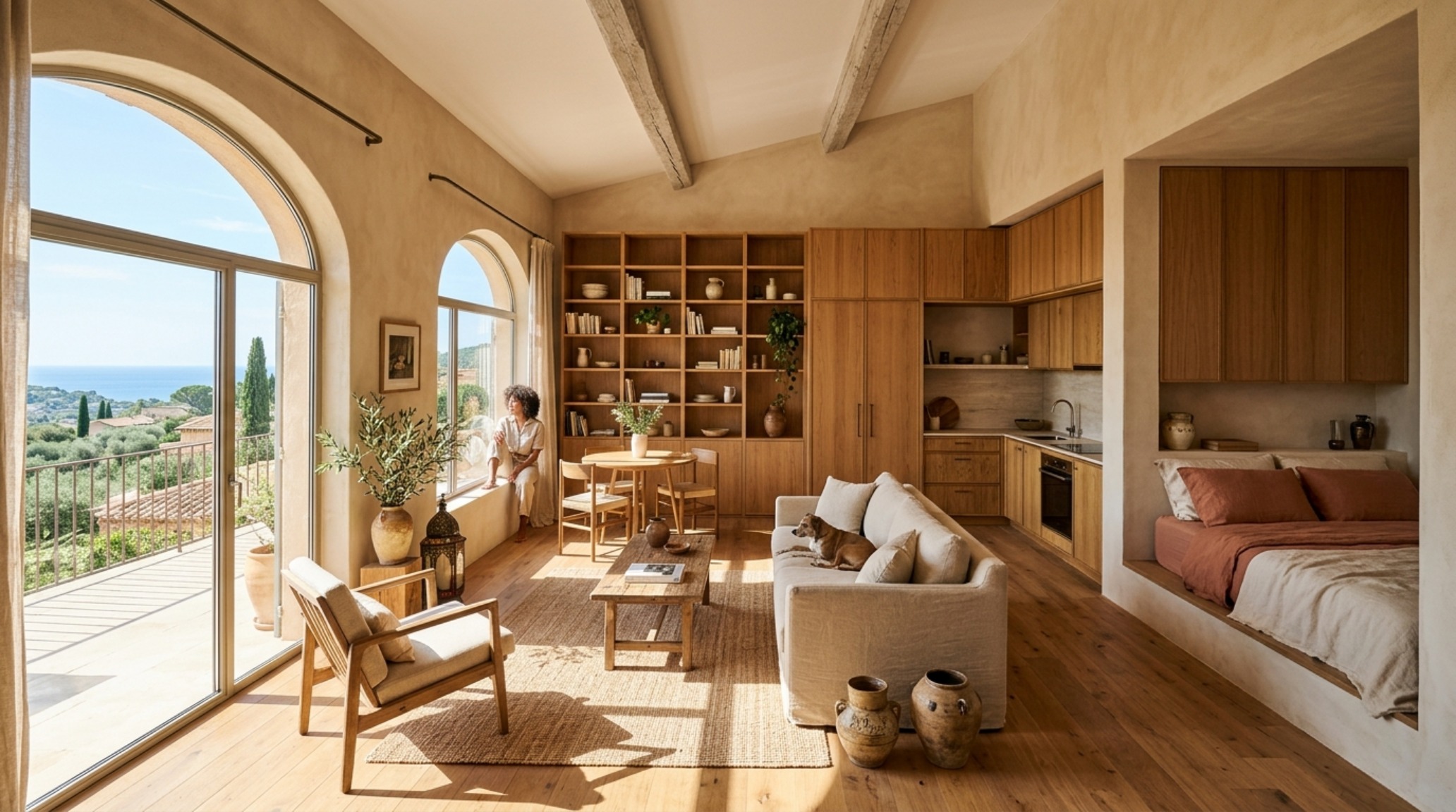 Panoramic view of a 500-square-foot urban apartment transformed by vertical joinery and a continuous material palette of oak and stone. Panoramic view of a 500-square-foot urban apartment transformed by vertical joinery and a continuous material palette of oak and stone.