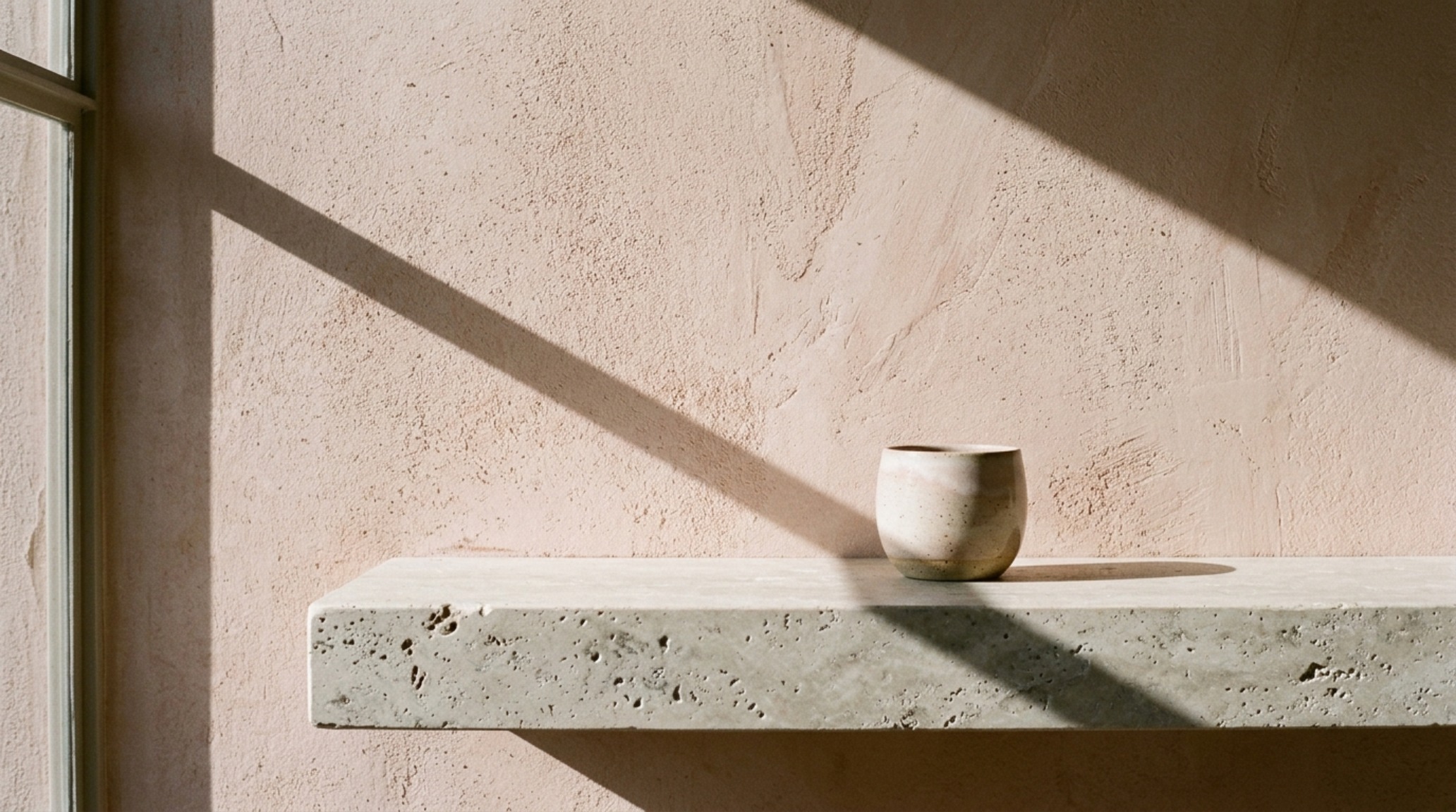 Close-up of tactile materials including hand-applied limewash walls in Farrow & Ball Setting Plaster and a honed travertine ledge under soft 2700K lighting. Close-up of tactile materials including hand-applied limewash walls in Farrow & Ball Setting Plaster and a honed travertine ledge under soft 2700K lighting.