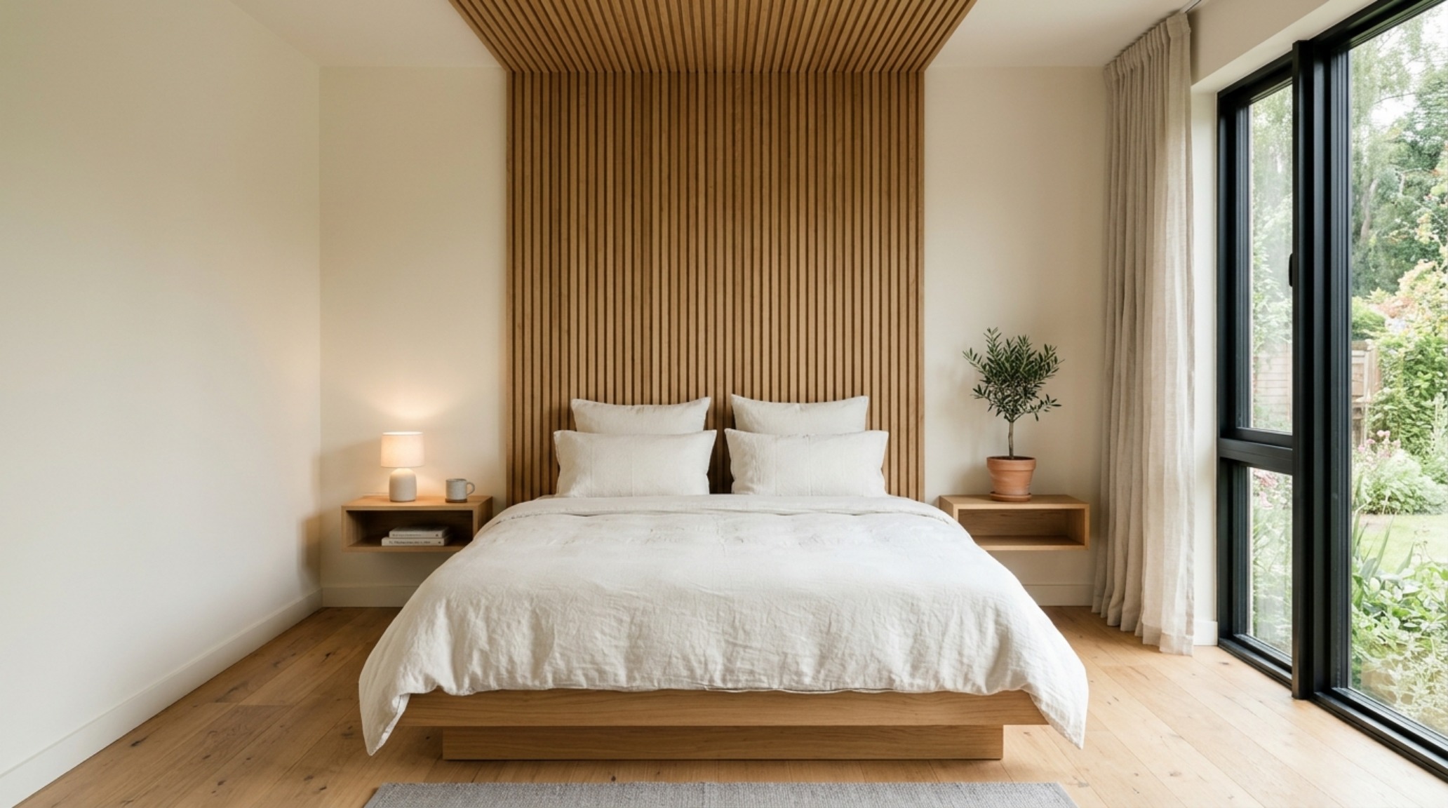 Warm minimalist bedroom design with a custom oak platform bed and vertical wood slats that draw the eye upward, a hallmark of ktismastudio next wave decor ideas. Warm minimalist bedroom design with a custom oak platform bed and vertical wood slats that draw the eye upward, a hallmark of ktismastudio next wave decor ideas.