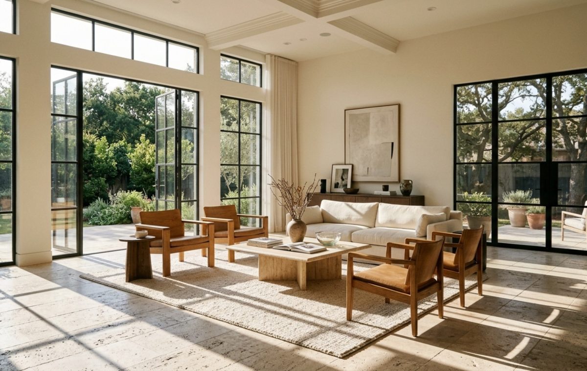 Light reflectance value in design illustrated in a high-ceiling living room with Benjamin Moore Swiss Coffee walls and large floor-to-ceiling windows capturing natural light.