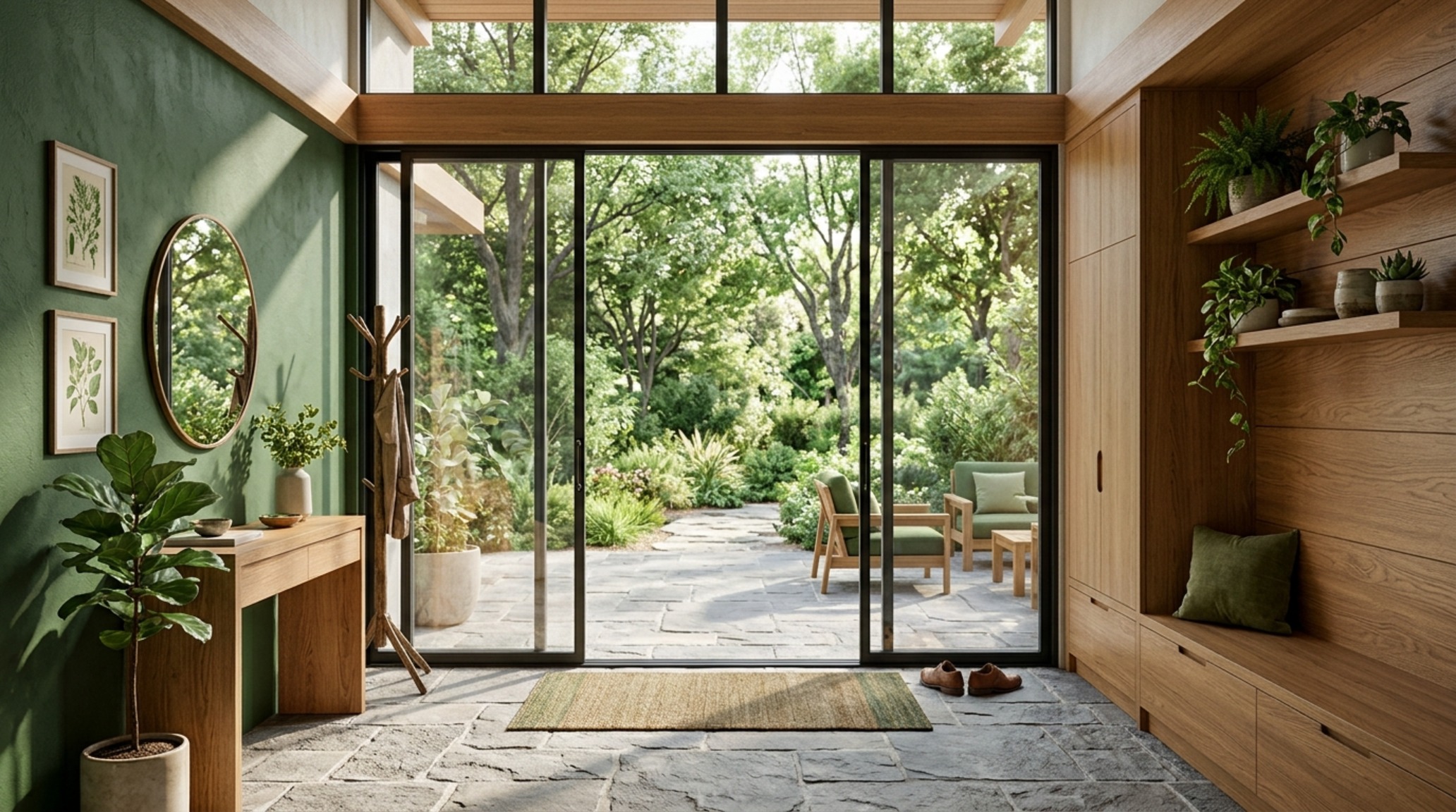 Biophilic design palettes integrating indoor moss walls with slate flooring to connect the interior floor plan with the outdoor landscape.