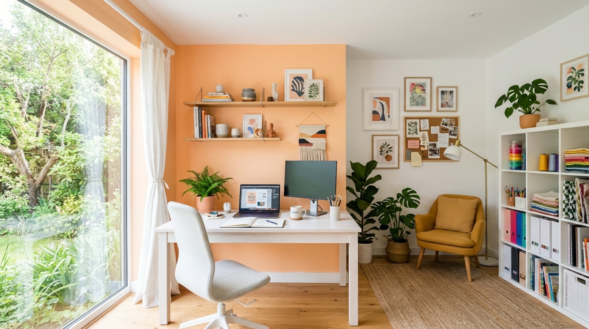 Color zoning for home offices highlighting a soft sage green corner that provides a visual boundary for a creative studio space.