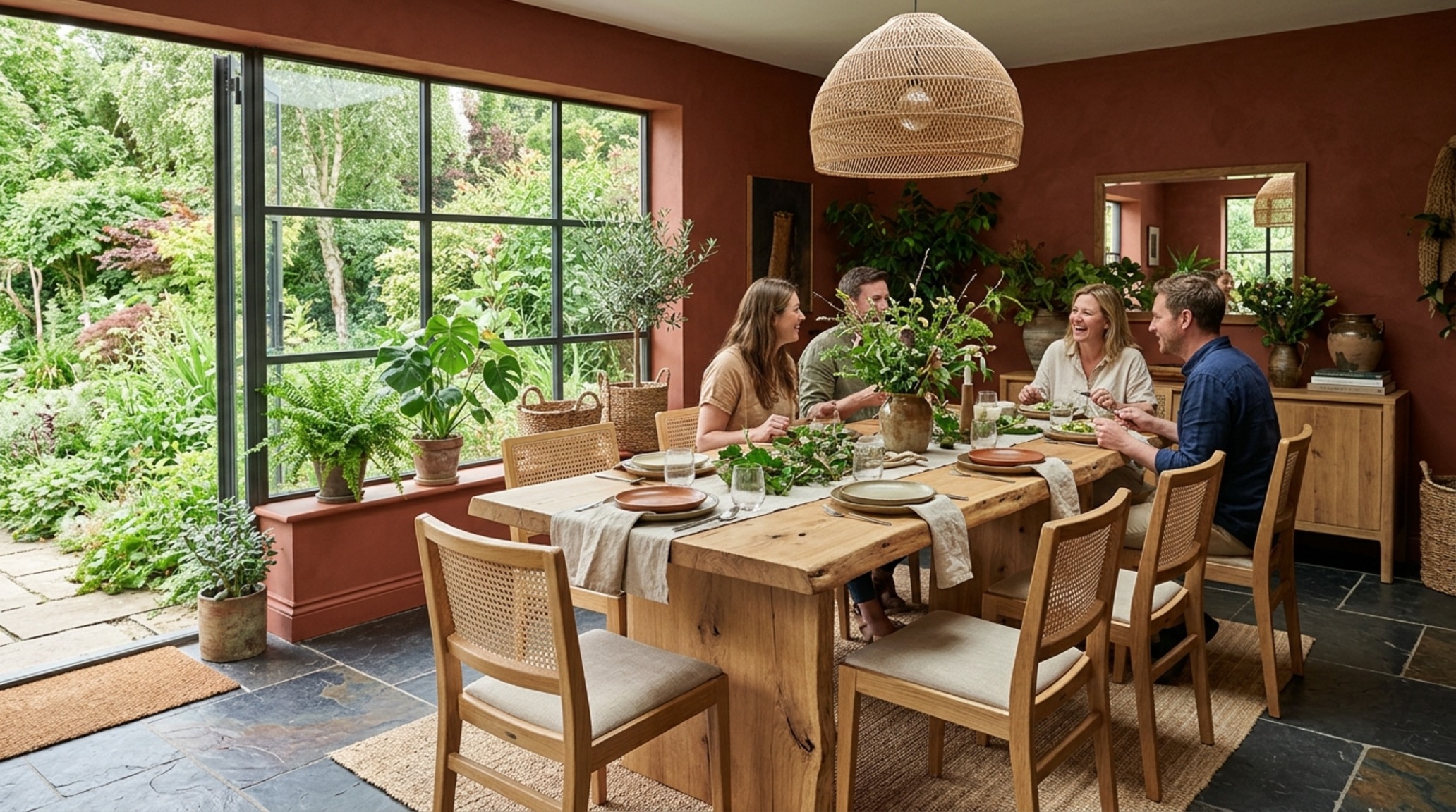 Biophilic design palettes featuring deep terracotta lime wash walls and a solid oak dining table creating a grounded, earth-centered atmosphere.