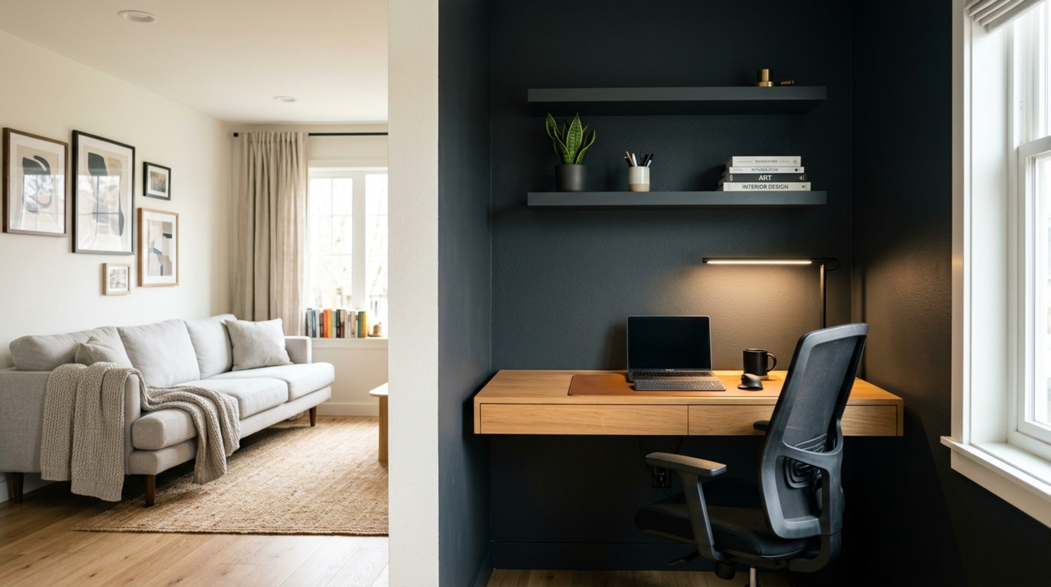 Color zoning for home offices using a deep charcoal pigment to define a focused work alcove within a larger open-plan living area.