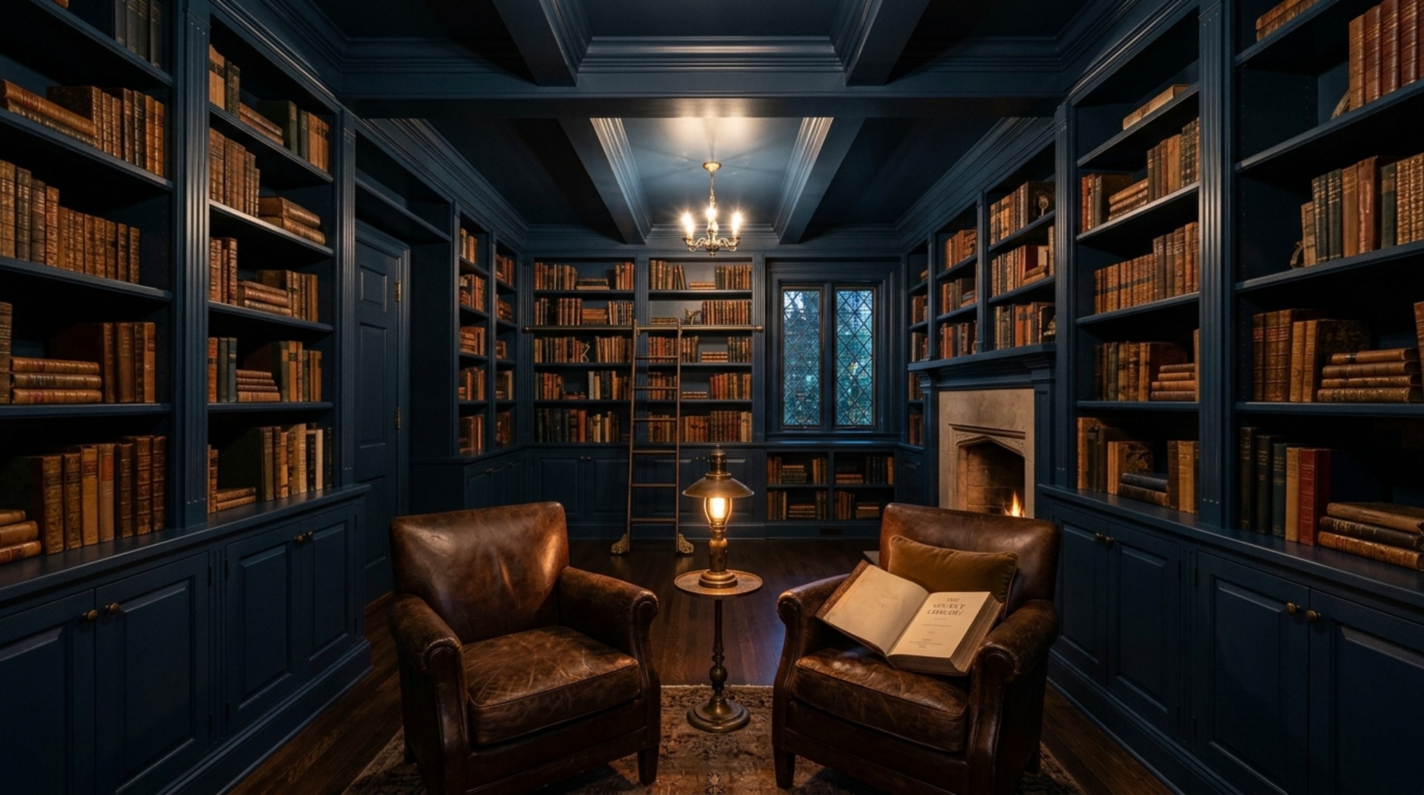 Light reflectance value in design demonstrating how a dark ceiling in a library space creates a cozy, recessive 'jewel box' effect.