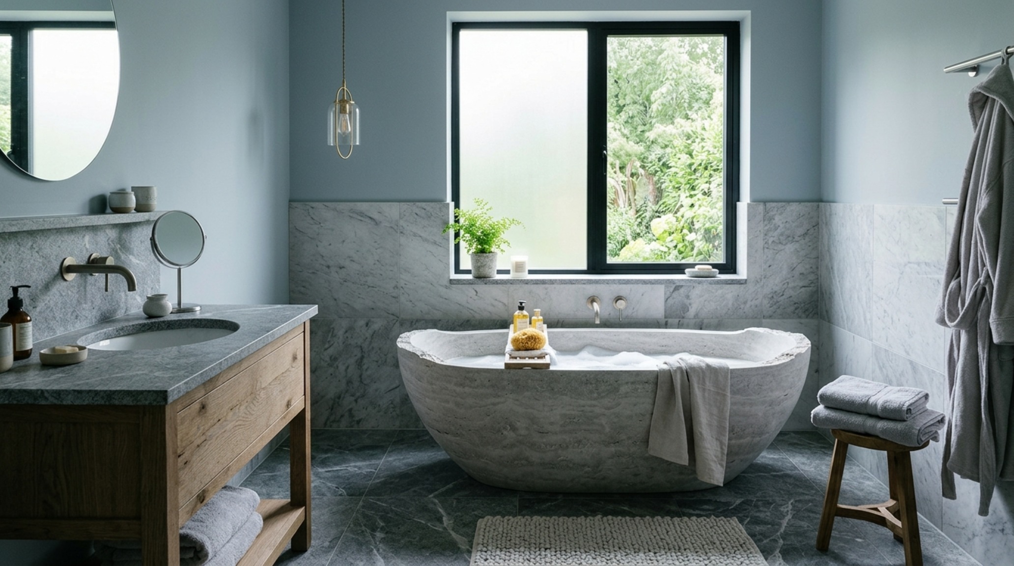 Psychology of paint colors applied in a spa-like bathroom with cool-toned stones and soft blue-gray accents to promote physiological relaxation.