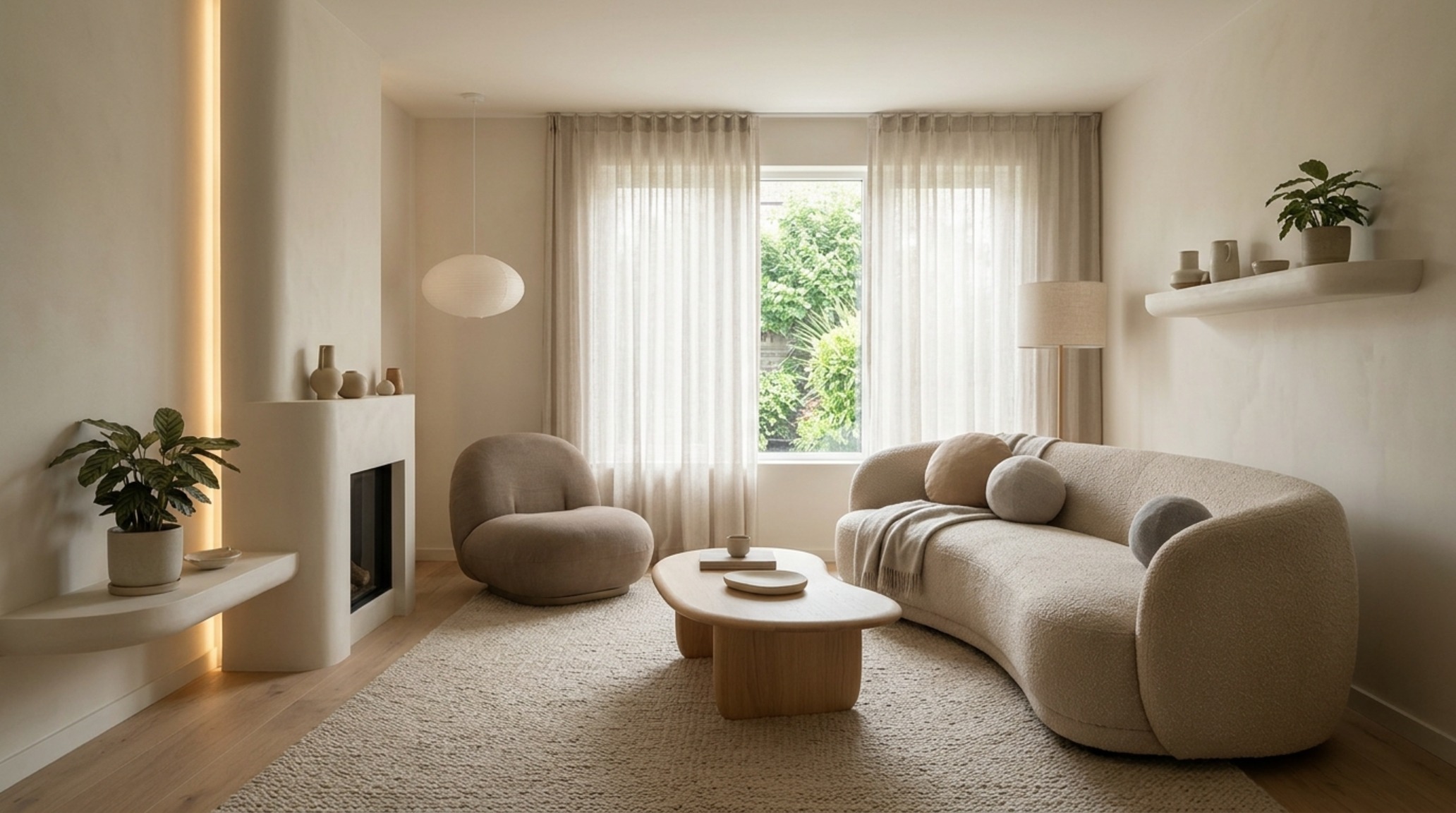 Neuro-interiorism trends focused on soft, diffused lighting and a neutral palette to support neuro-divergent comfort in a residential living room.
