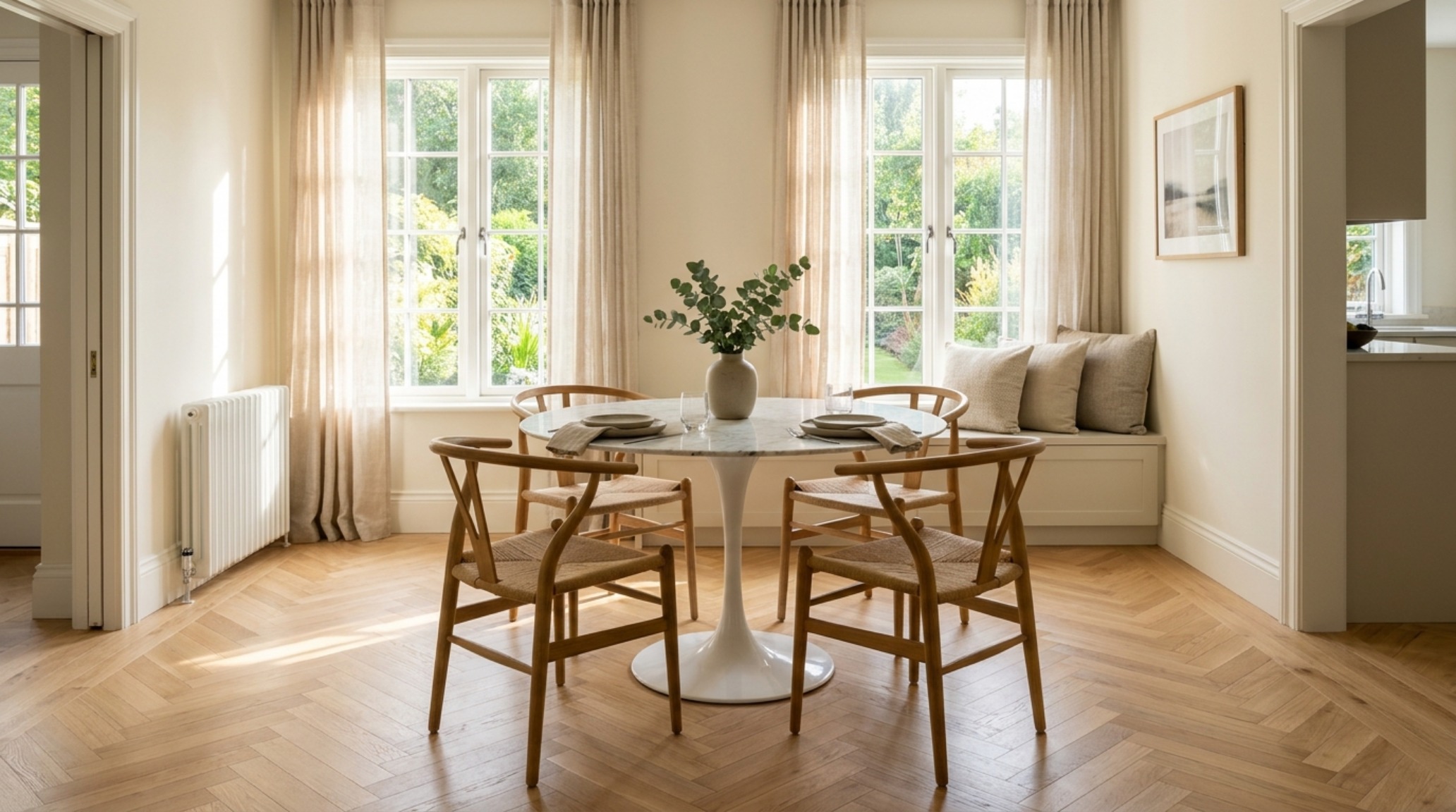 A white marble pedestal dining table in a sun-drenched breakfast nook, demonstrating the 36-inch rule and clear sightlines in a modern apartment.