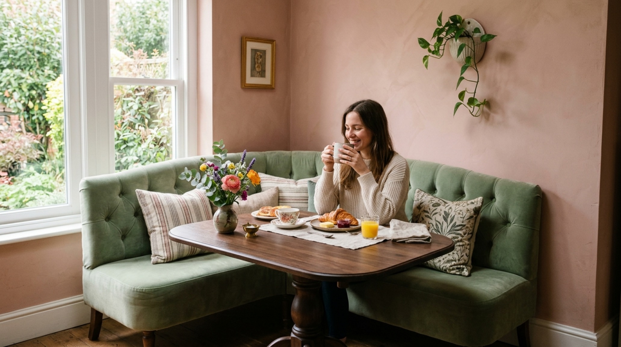 A sophisticated breakfast nook with Farrow and Ball Setting Plaster walls and a small velvet banquette in a contemporary urban flat.