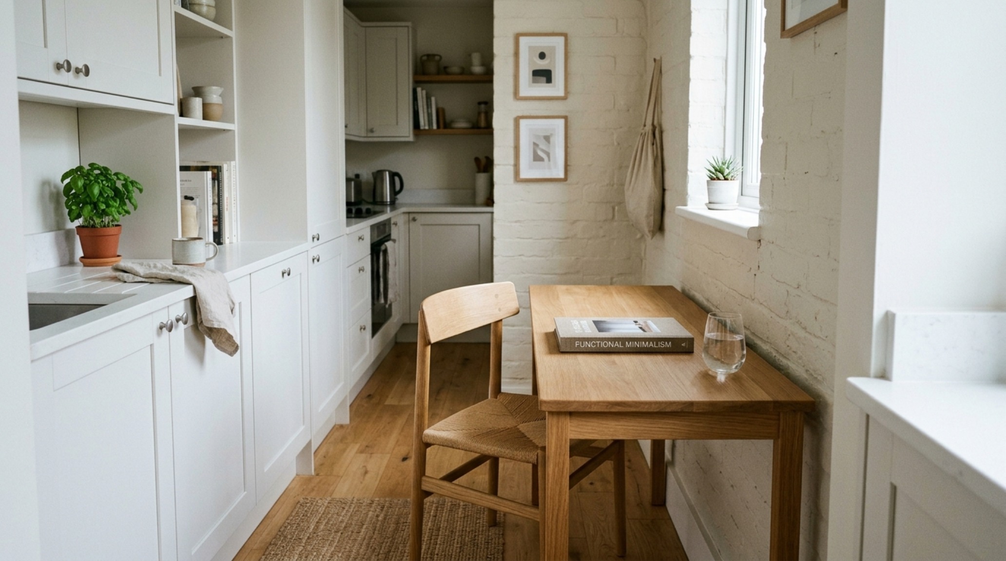 Space saving dining table and chairs for small kitchen with a slim-profile drop-leaf design and warm natural wood grain textures.