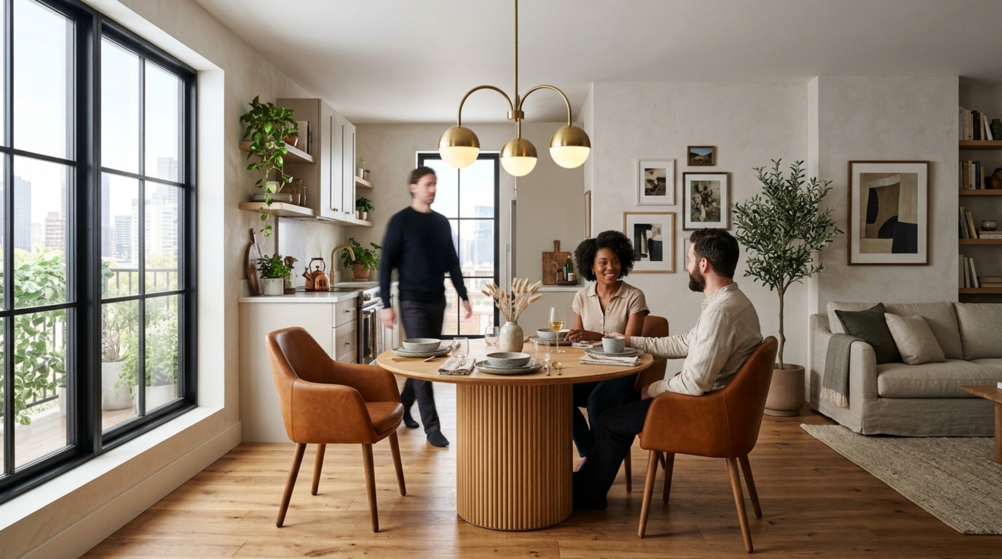 High-end interior photography of a compact dining zone featuring brushed brass accents, smoked glass, and 30-inch seat clearances.