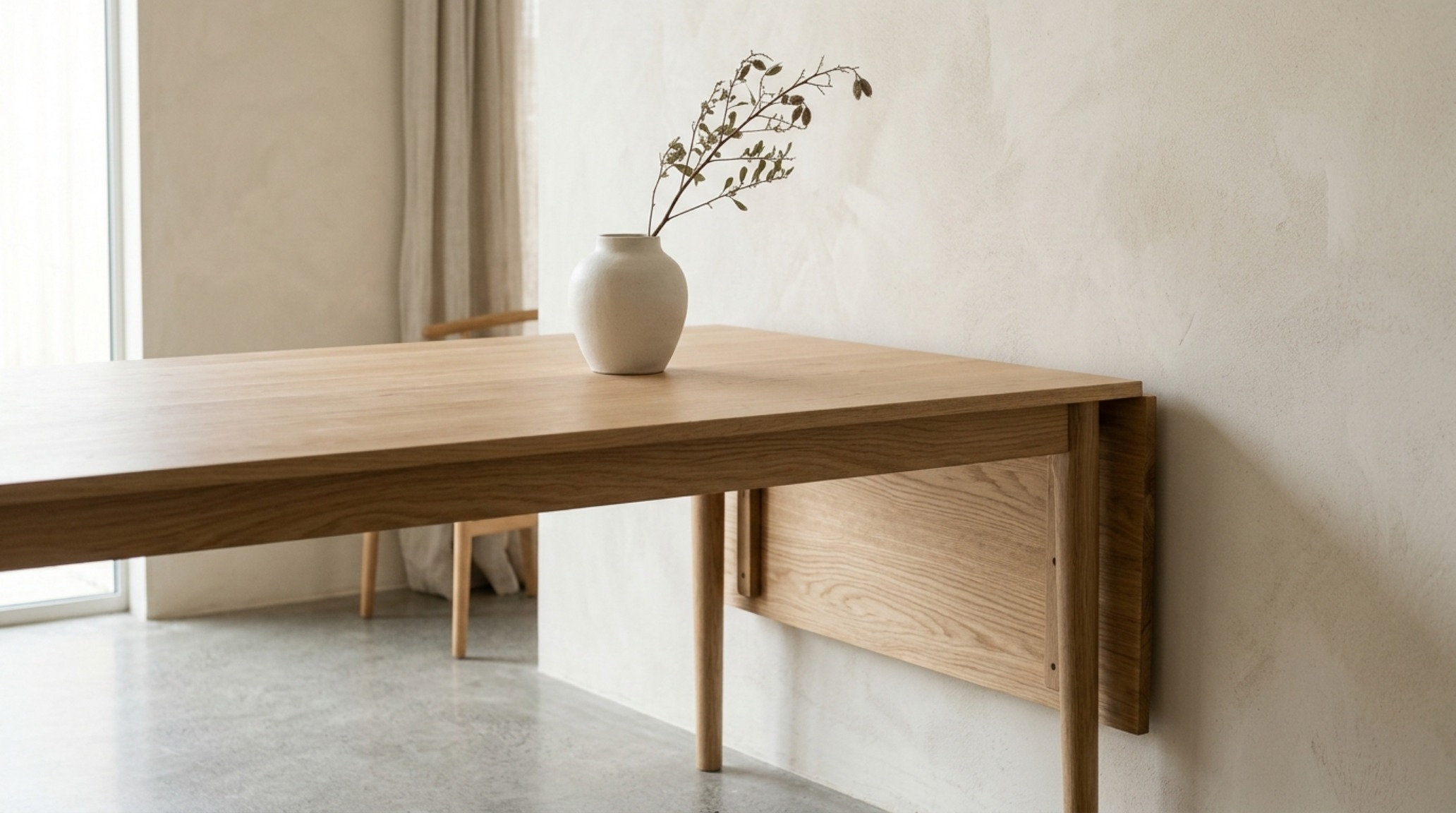 A sleek Scandinavian-style drop leaf dining table in a light oak finish, positioned against a limewash wall in a compact studio apartment.