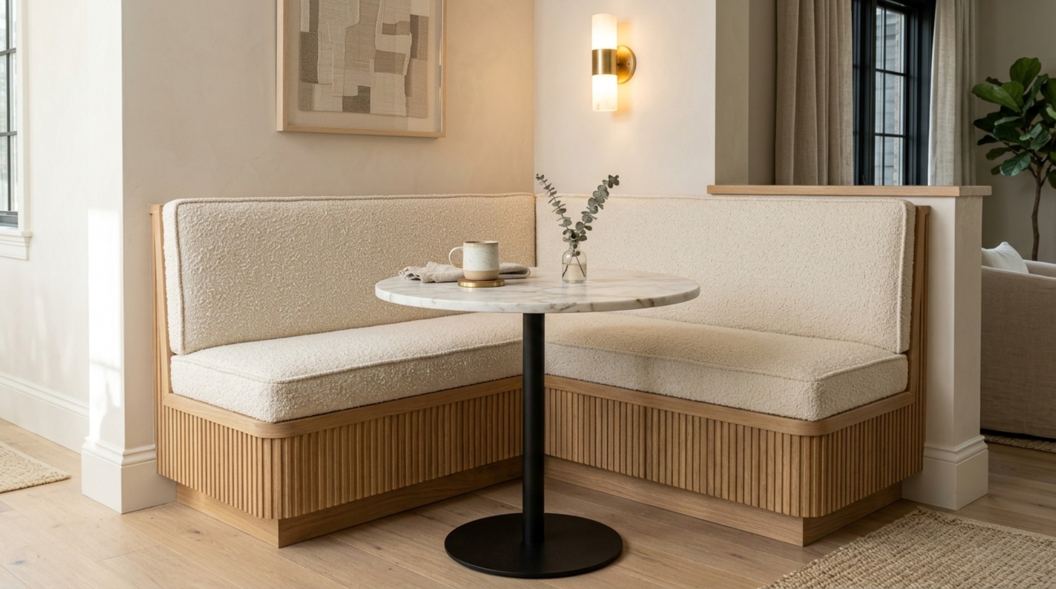 A custom built-in corner banquette with fluted white oak detailing and plush neutral upholstery paired with a small round bistro table.