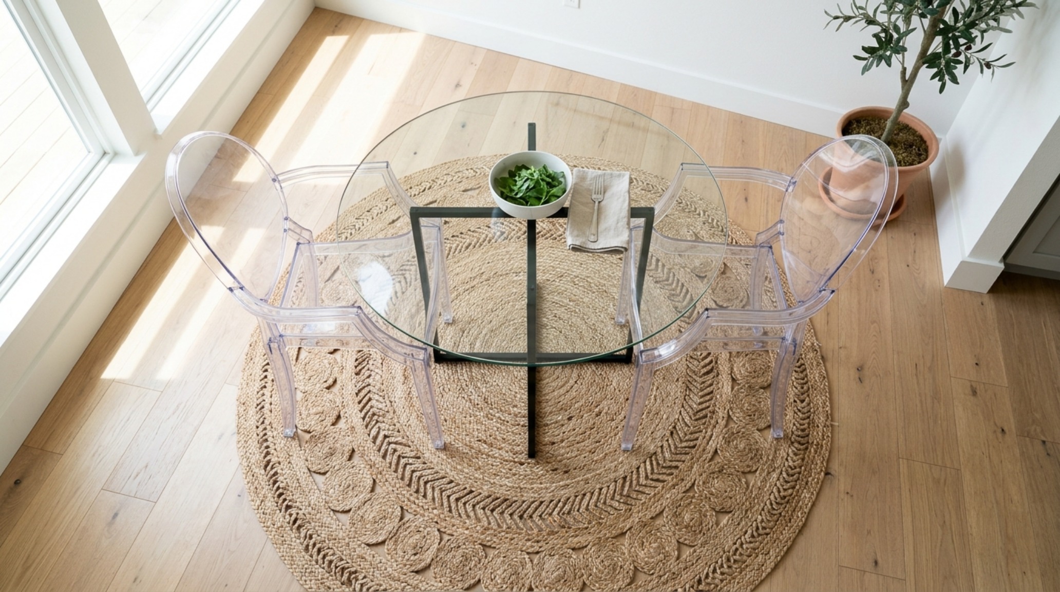 An airy dining area with a glass-top table and slim black steel legs, showcasing visual transparency and high CRI pendant lighting.
