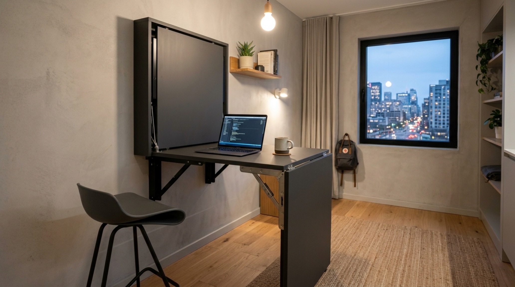 A modern wall-mounted foldable dining table in a micro-apartment, featuring a minimalist silhouette and matte charcoal finish.