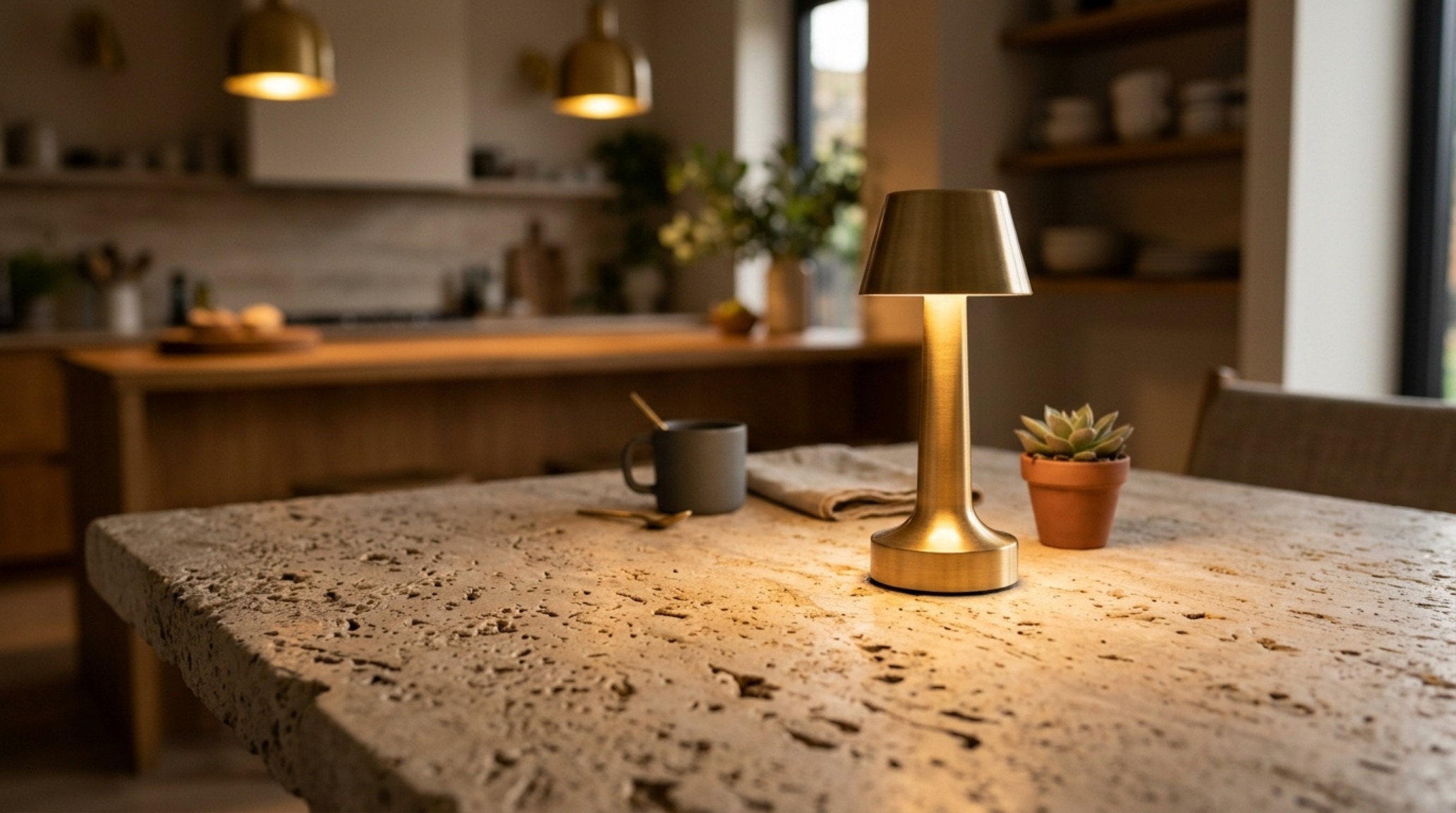 Close-up of a honed travertine dining table surface showing tactile texture and soft 2700K ambient lighting in a compact kitchen.