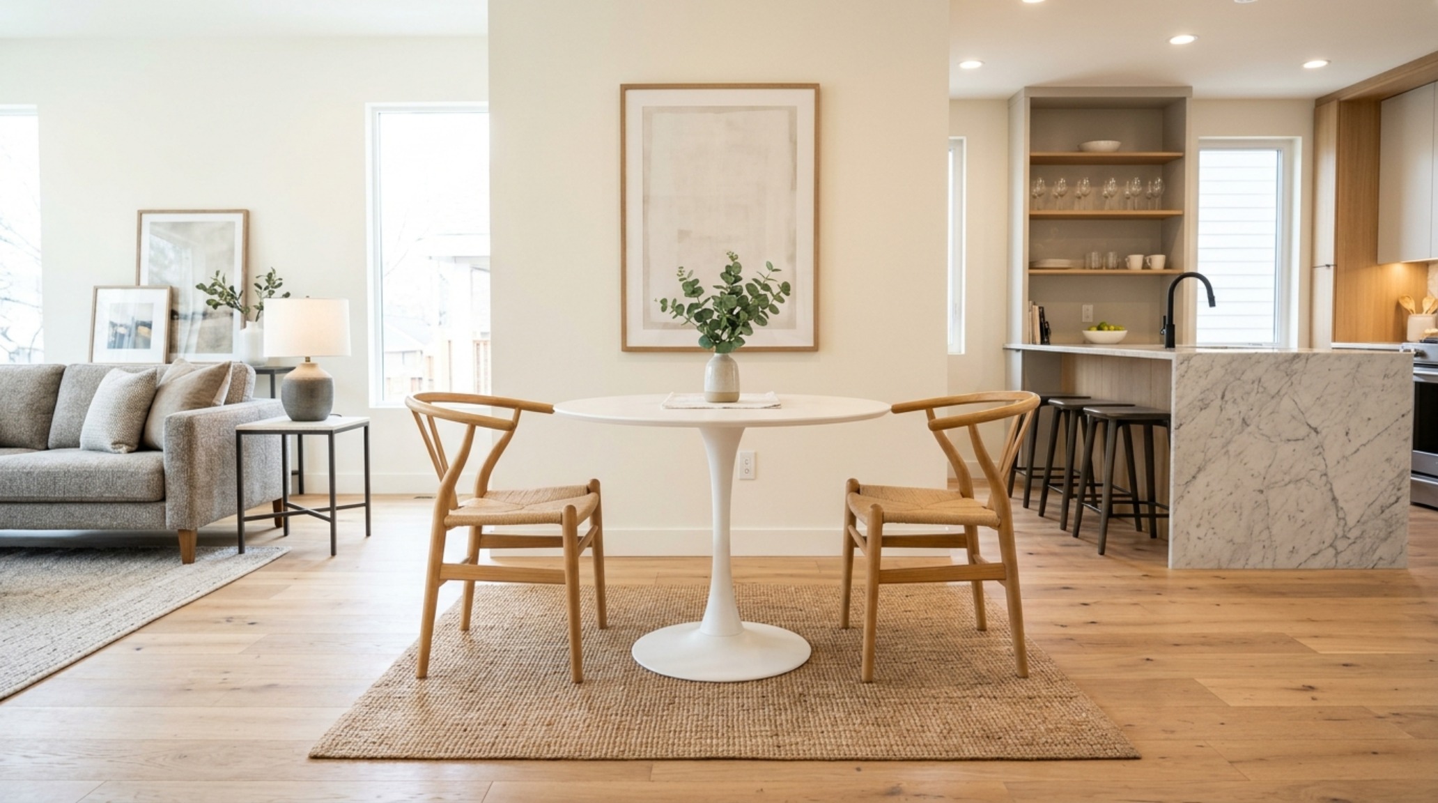 A pair of mid-century modern wishbone chairs tucked neatly under a round pedestal table, maximizing floor flow in an open-concept living area.
