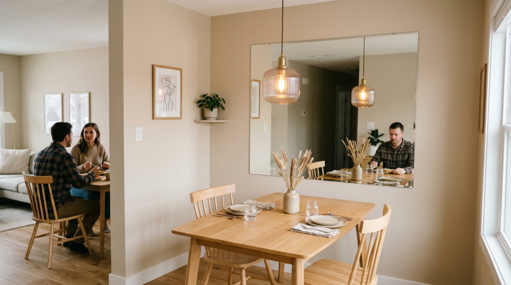 Architectural view of a small dining nook with a large eye-level mirror reflecting a brass pendant light and a curated tablescape.