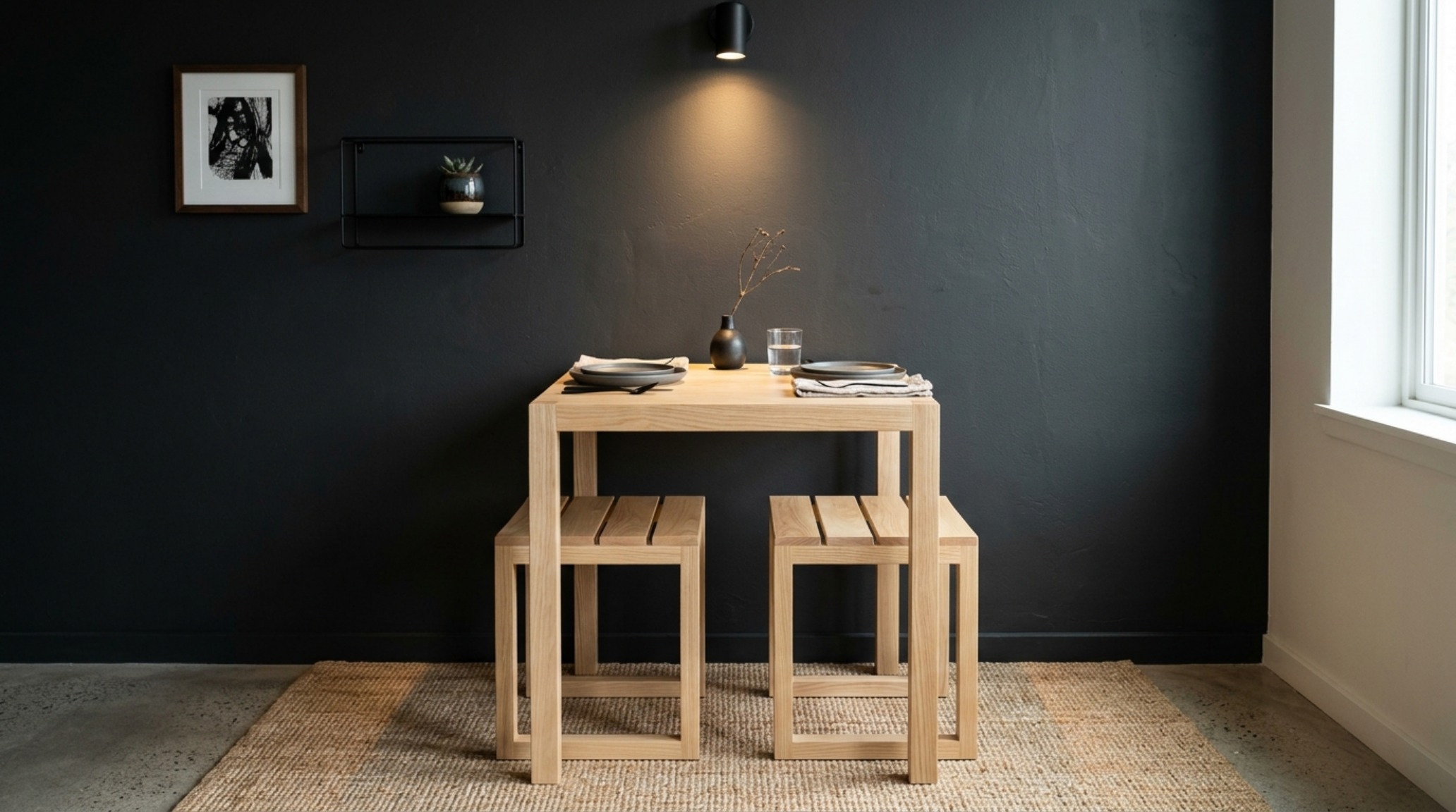 A multi-functional 2 seater dining set for studio apartments, featuring stools that nest completely beneath a square ash wood table.