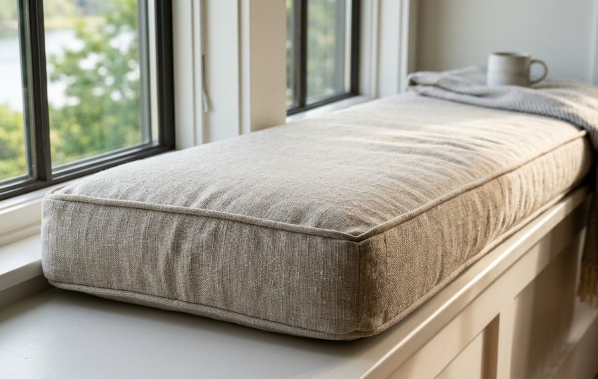 trapezoid window cushion featuring precision-angled corners and custom piping in a neutral performance linen, highlighting the architectural flush fit against a white window frame.
