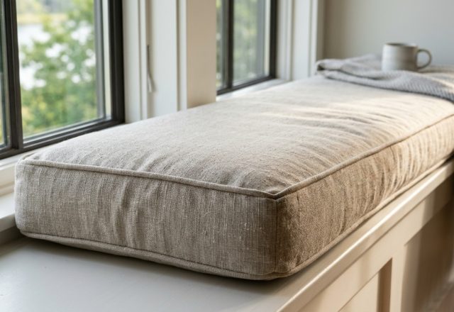 trapezoid window cushion featuring precision-angled corners and custom piping in a neutral performance linen, highlighting the architectural flush fit against a white window frame.