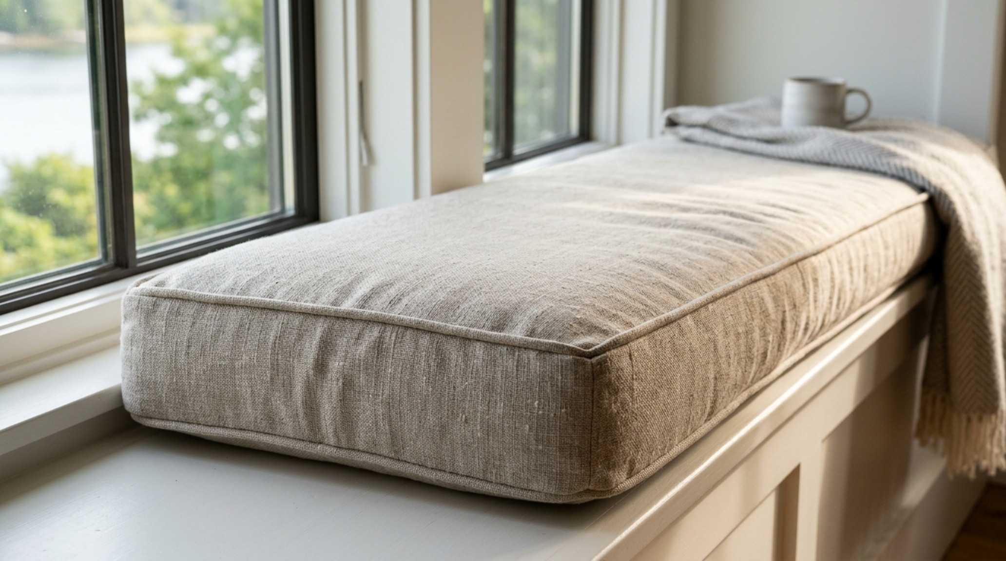 trapezoid window cushion featuring precision-angled corners and custom piping in a neutral performance linen, highlighting the architectural flush fit against a white window frame. trapezoid window cushion featuring precision-angled corners and custom piping in a neutral performance linen, highlighting the architectural flush fit against a white window frame.