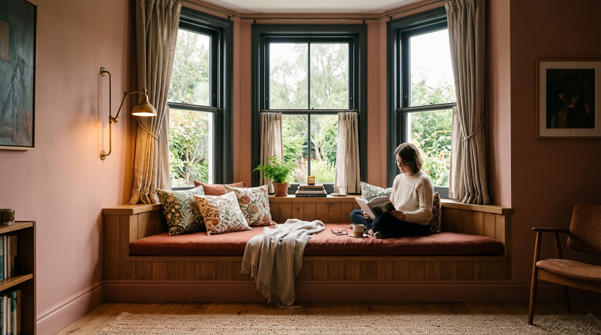 bay window reading nook designed with 2025 pattern-drenching aesthetics, featuring Farrow & Ball Setting Plaster walls and a deep terracotta cushion for a curated sanctuary feel. bay window reading nook designed with 2025 pattern-drenching aesthetics, featuring Farrow & Ball Setting Plaster walls and a deep terracotta cushion for a curated sanctuary feel.