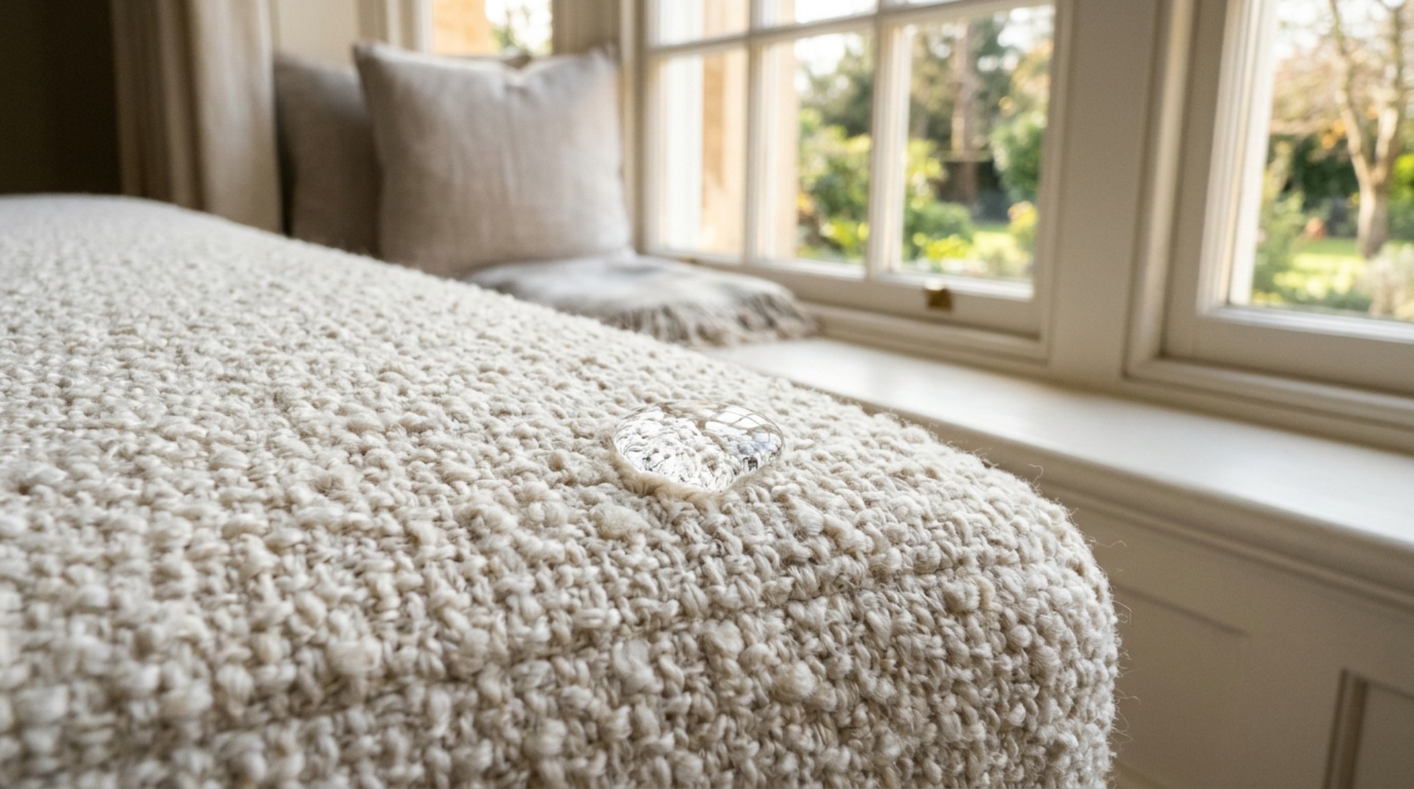 performance fabric upholstery in a high-texture bouclé weave on a deep 24-inch window seat, showcasing stain resistance and UV durability in a sun-drenched living room. performance fabric upholstery in a high-texture bouclé weave on a deep 24-inch window seat, showcasing stain resistance and UV durability in a sun-drenched living room.