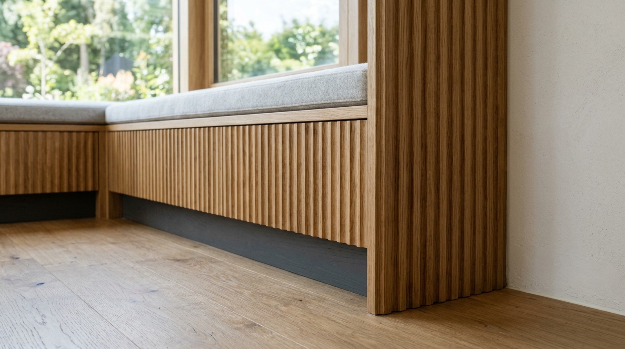 window seat DIY plans coming to life with a fluted white oak base and a floating bench design, emphasizing the structural integrity and high-end millwork joins. window seat DIY plans coming to life with a fluted white oak base and a floating bench design, emphasizing the structural integrity and high-end millwork joins.