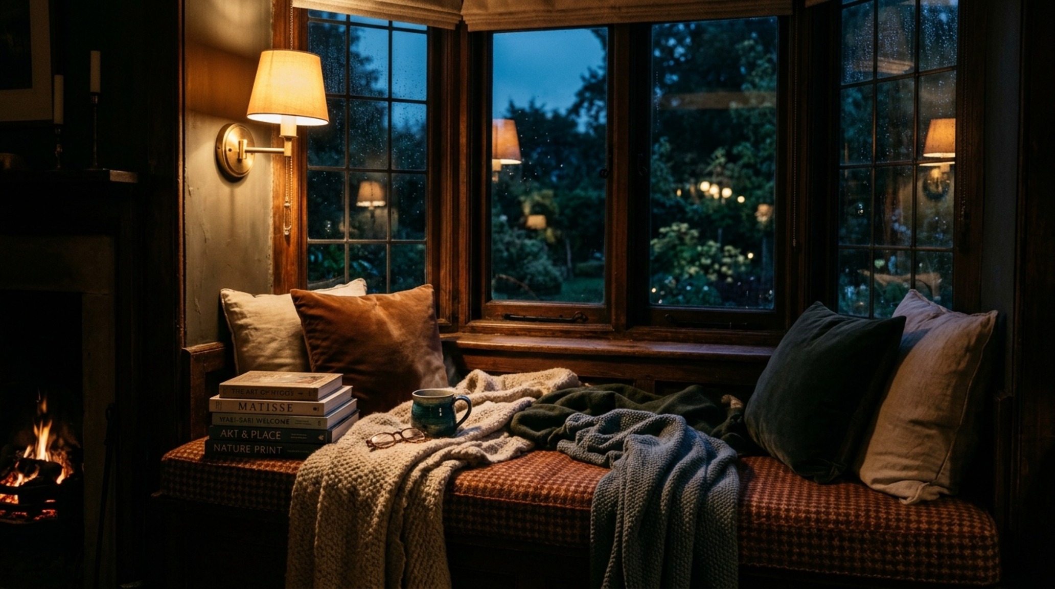 bay window cushion seat styled with layered lumbar pillows and a soft cashmere throw, illuminated by a 2700K warm ambient swing-arm brass sconce. bay window cushion seat styled with layered lumbar pillows and a soft cashmere throw, illuminated by a 2700K warm ambient swing-arm brass sconce.
