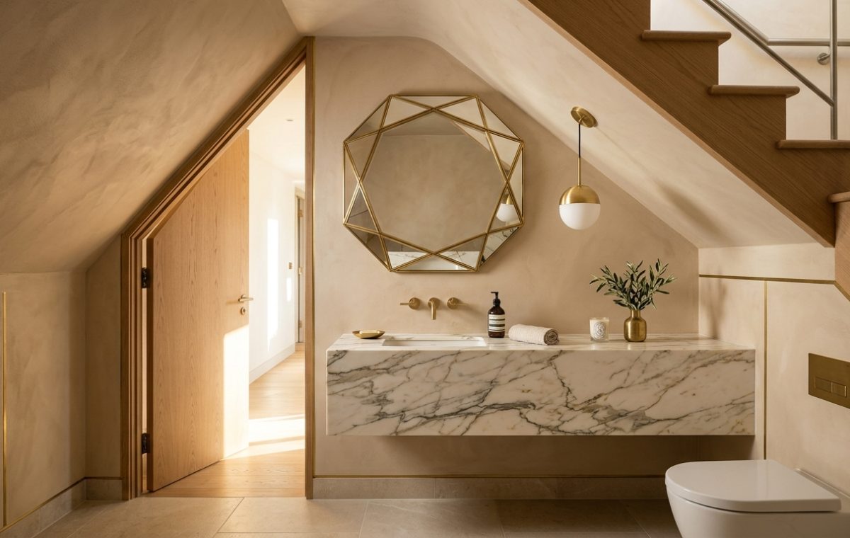 A wide-angle hero shot of a luxury powder room under stairs featuring a floating marble vanity and a custom-cut mirror reflecting a sloped ceiling.