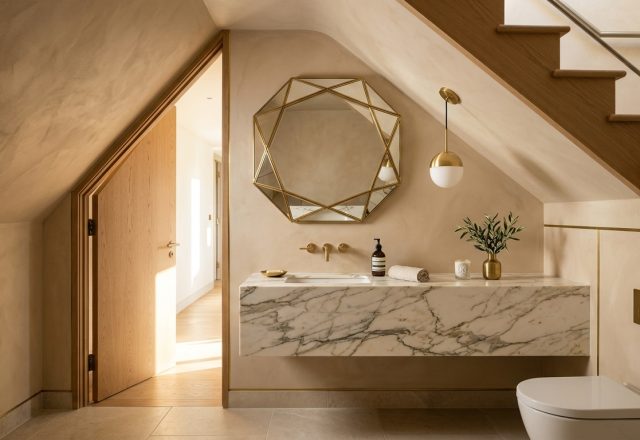 A wide-angle hero shot of a luxury powder room under stairs featuring a floating marble vanity and a custom-cut mirror reflecting a sloped ceiling.