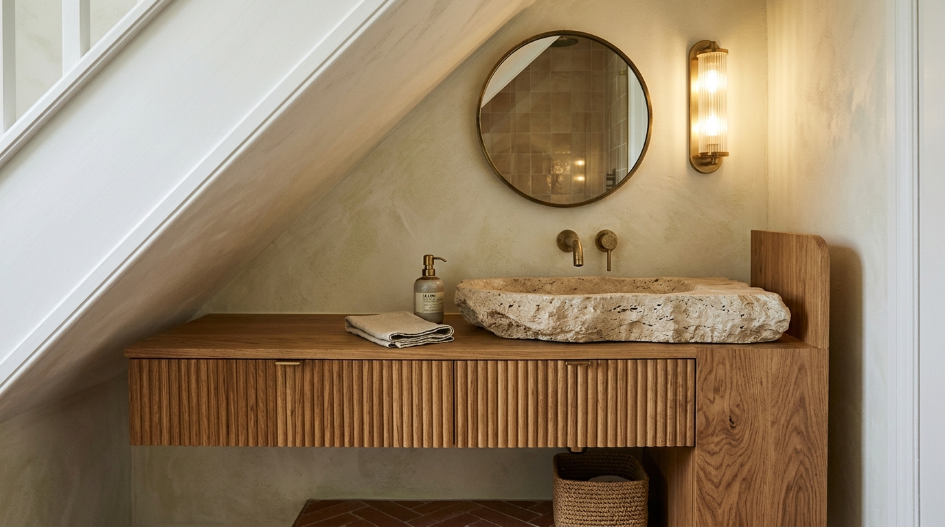 Editorial shot of a bespoke floating stone sink in a narrow powder room under stairs with warm vertical sconce lighting.