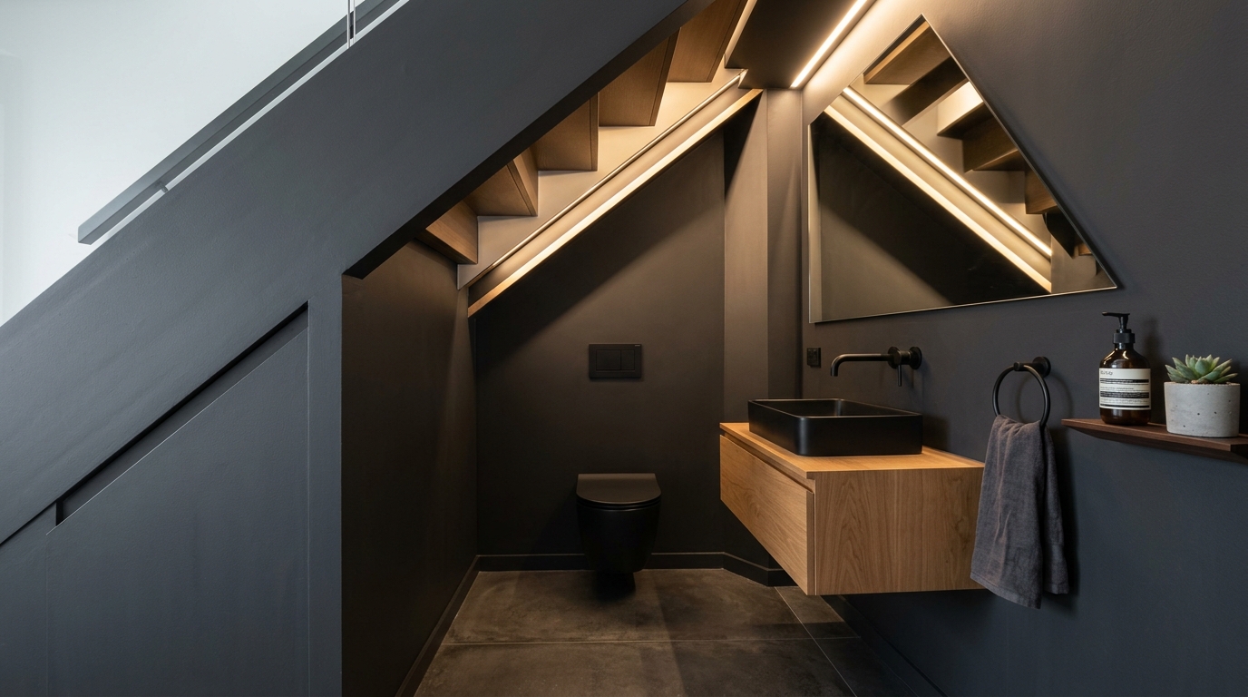 Minimalist architectural design of an under-stairs bathroom featuring shadow-gap detailing and handleless fluted cabinetry.