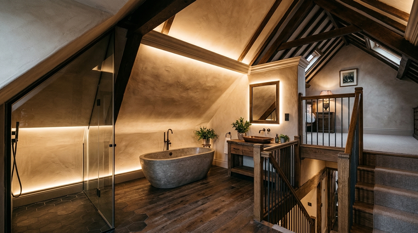 Sloped ceiling bathroom lighting ideas featuring recessed LED strips highlighting the geometric pitch of the staircase.