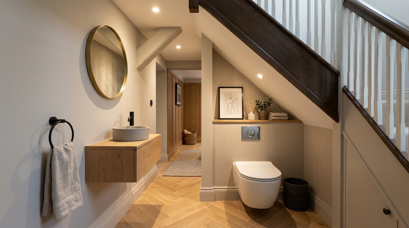 Under stairs bathroom plumbing solutions showcasing a rear-outlet toilet installation within a restricted spatial footprint.
