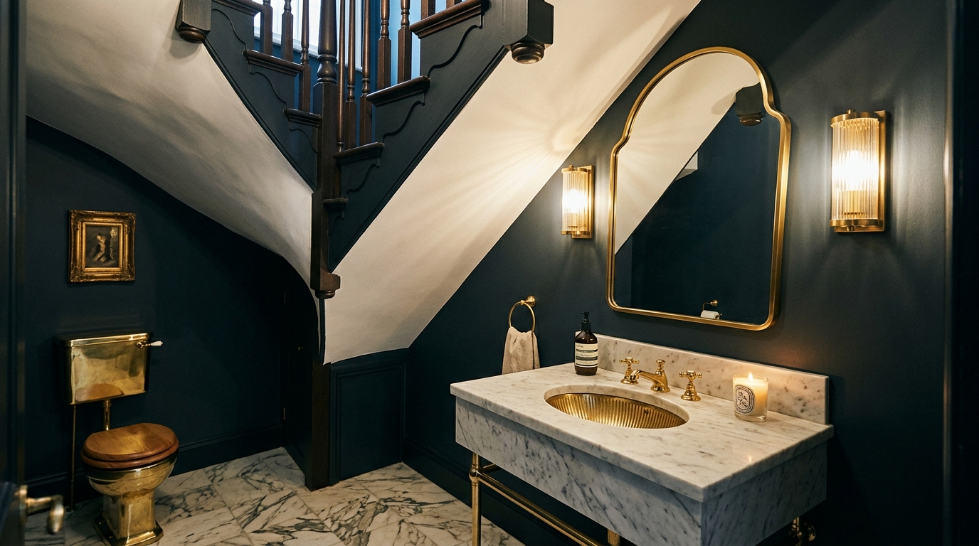 Lush interior of a powder room under stairs with deep navy walls and high-contrast white marble floor tiles.