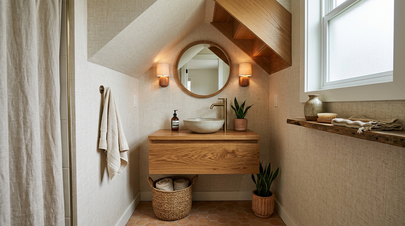 Sophisticated small bathroom under stairs layout featuring a glass pendant light and tactile linen wallpaper.