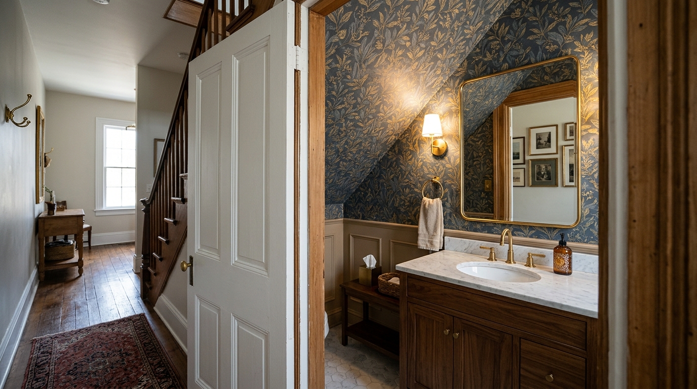 Architectural sightline alignment from the hallway looking into a beautifully styled powder room under stairs.