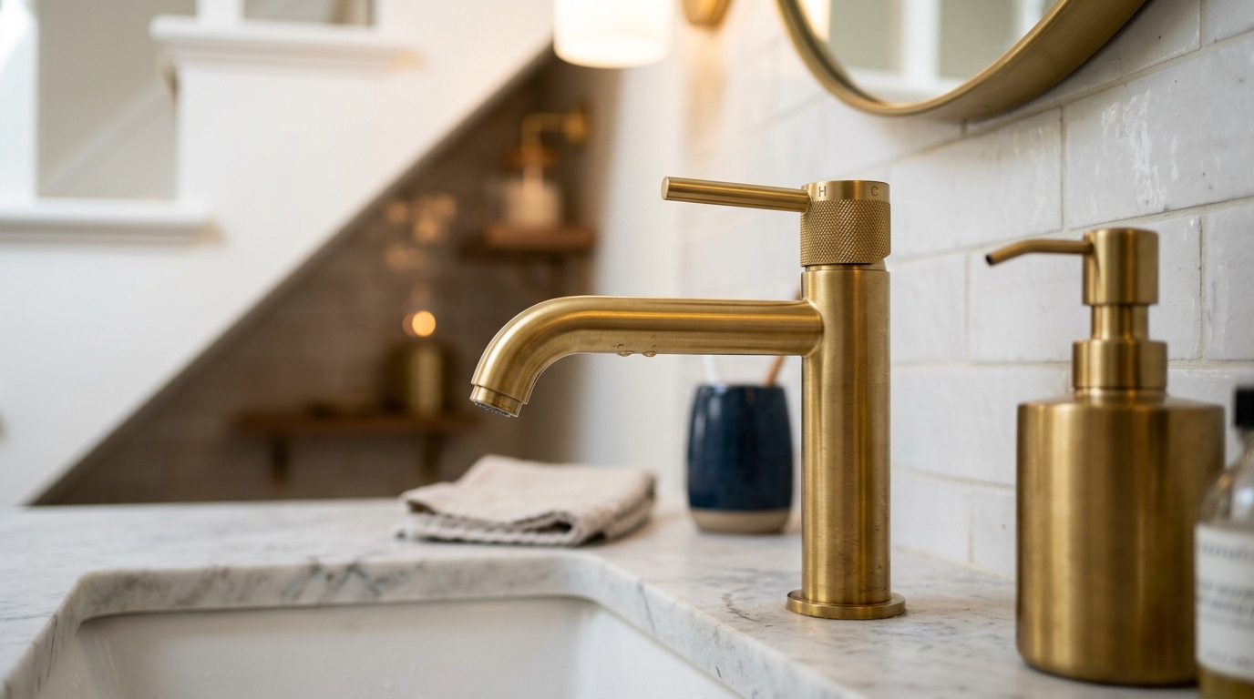 Detail shot of a brushed gold faucet and a small-scale vessel sink in a luxury under-stairs renovation.