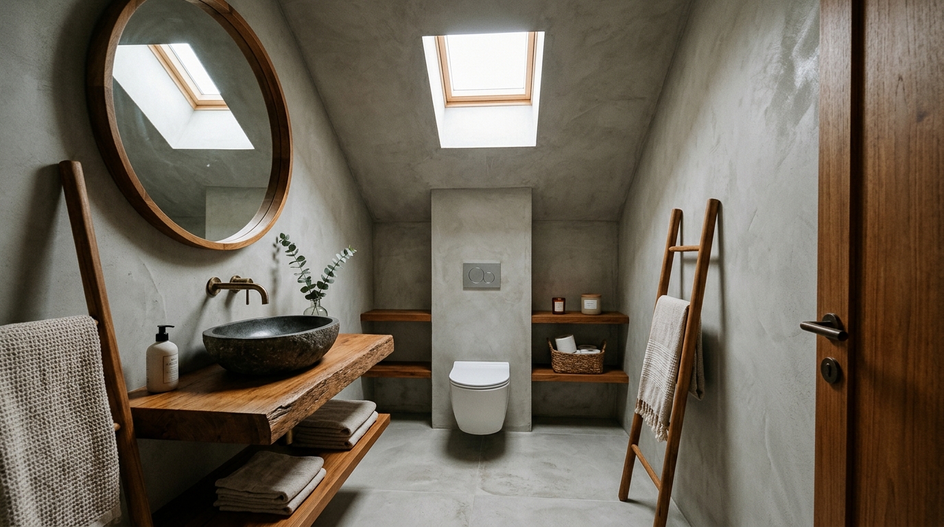 Zen-inspired powder room under stairs with natural wood elements and soft, diffused natural light from a skylight.