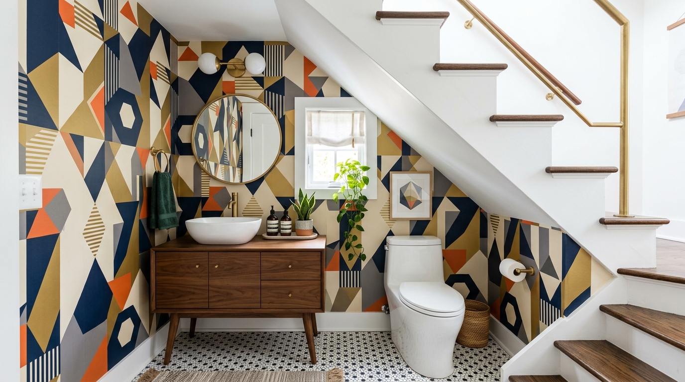 Graphic wallpaper application in a powder room under stairs, emphasizing the unique triangular architecture.