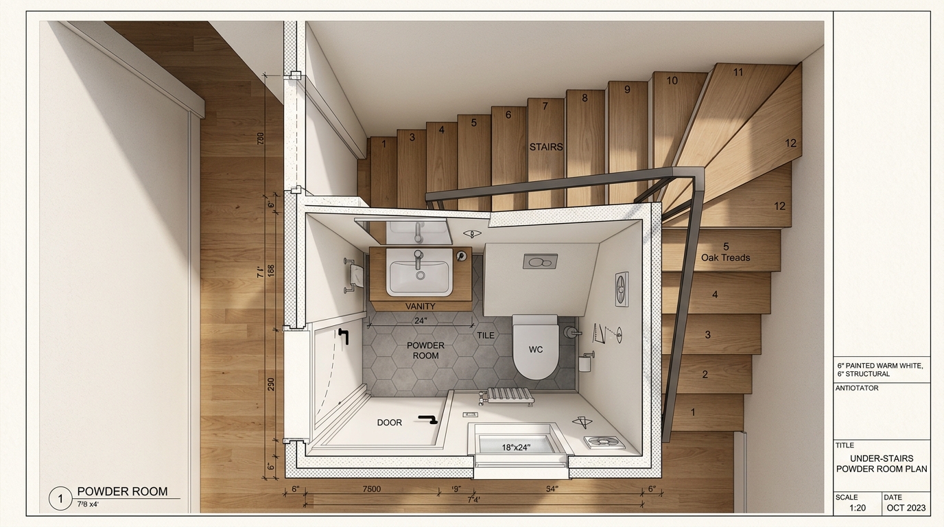 Architectural floor plan perspective showing the 7/11 staircase pitch and the strategic placement of plumbing fixtures within a powder room under stairs.