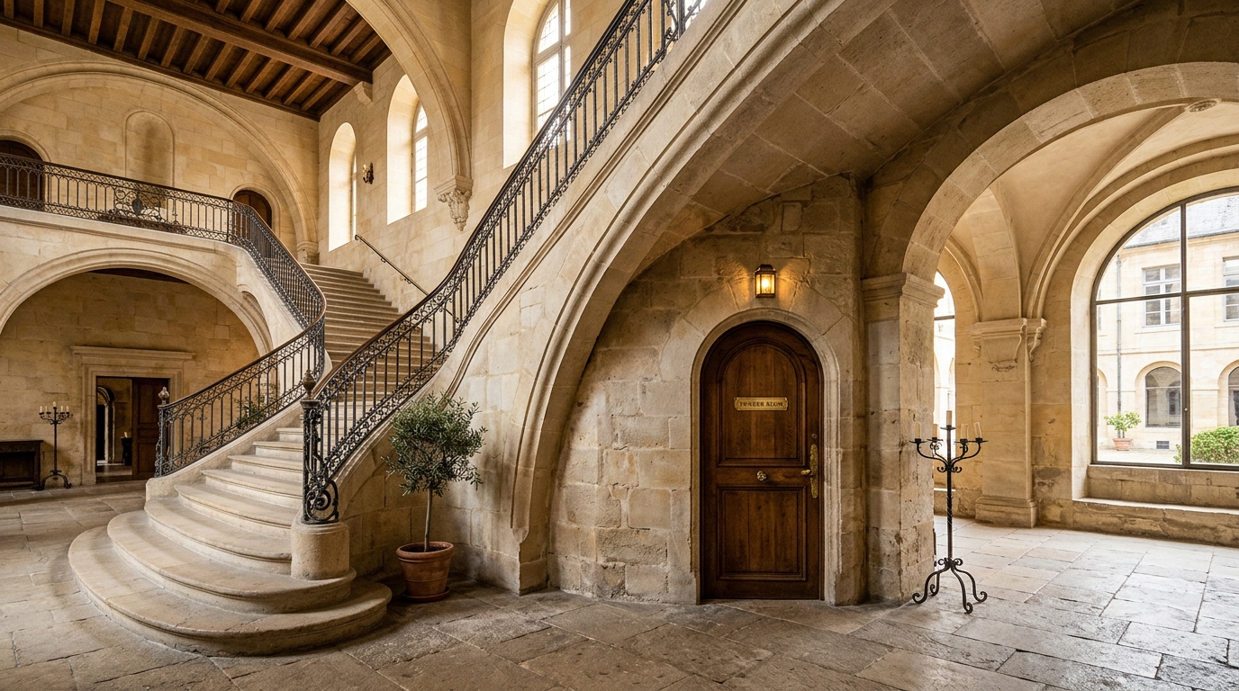 Final architectural reflection shot showing the harmonious transition between the staircase exterior and the interior powder room.