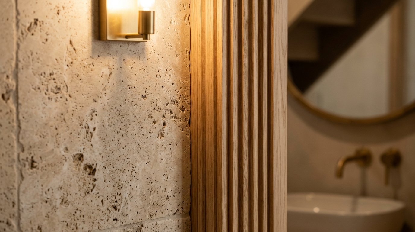 Macro detail of honed Calacatta Viola marble and fluted oak textures used in a high-end staircase conversion project.
