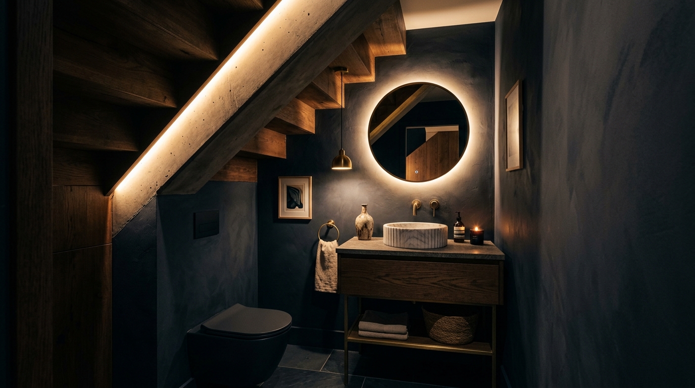 Atmospheric lighting study of a small bathroom under stairs featuring 2700K warm ambient glow and integrated LED ceiling grazing.