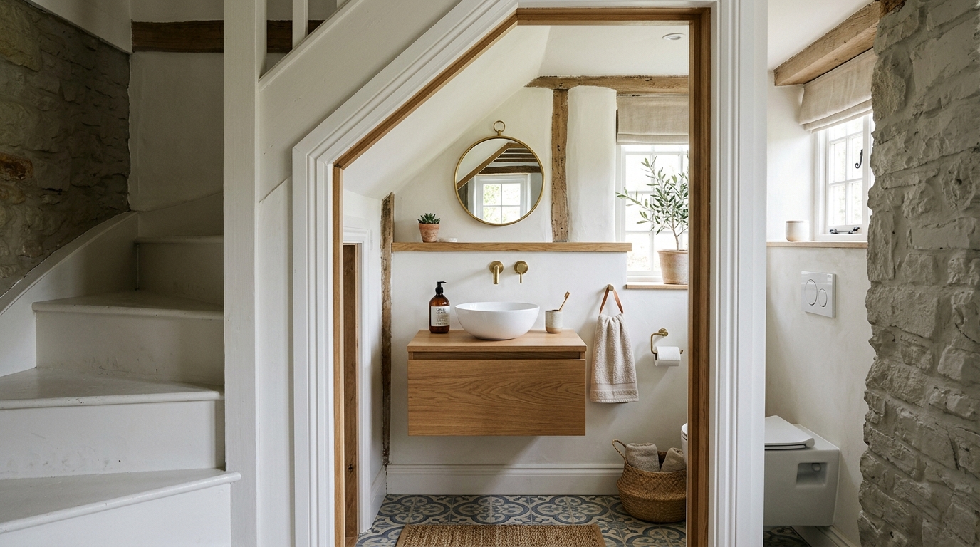 Ergonomic snapshot showing the 36-inch walkway clearance and floating vanity design in a functional under-stairs bathroom layout.